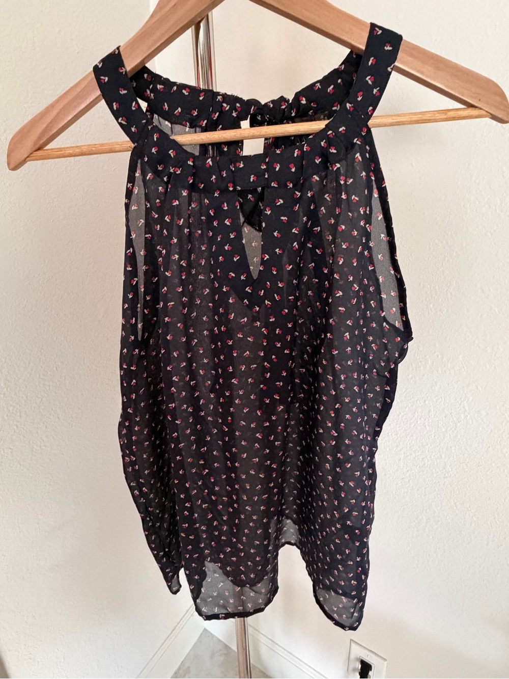 Women’s Limited Navy Sheer Sleeveless Halter Top with Red Print